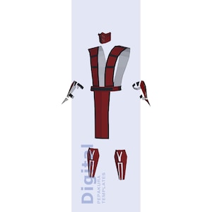 May include: A digital template set for a costume featuring a dark red and black tabard, a matching face mask, two arm guards, and two shin guards. The design includes clean geometric lines and the text Digital Pepakura Templates is visible.