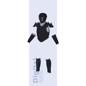 May include: A set of black and grey armour components including a helmet with a slatted visor, chest plate with two red dots, shoulder guards, arm bracers, and leg greaves. The text Digital Pepakura Templates is visible in the lower left corner.
