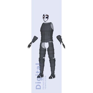Peut inclure: Un ensemble de modèles numériques pour une armure segmentée gris foncé, comprenant une cuirasse, des protège-bras avec des mains griffues, des jambières et un masque blanc avec des motifs noirs et rouges. Le texte Digital Pepakura Templates est visible.