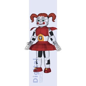 May include: A digital illustration of a robotic character with red hair in pigtails, a red top, and a red skirt. The character has a white face and body with black and silver accents. The text "Digital" and "Pepakura Template" are visible.