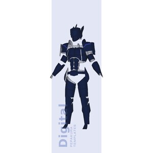 Puede incluir: Una plantilla digital de una figura robótica en azul marino y blanco, con secciones articuladas. El texto "Digital" y "Pepakura Templates" está impreso verticalmente sobre un fondo azul claro. El diseño está segmentado para el montaje.