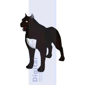 May include: A digital illustration of a black dog with a white chest patch and open mouth, set against a light blue background. The dog has geometric shapes and sharp angles. The word "Digital" is vertically printed on the left side.
