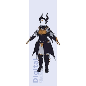 May include: Digital Pepakura template of a fantasy armor set. The armor is primarily black with gold and silver accents. The design includes a horned helmet, shoulder pauldrons, and a flowing skirt. The text "Digital Pepakura Templates" is visible.