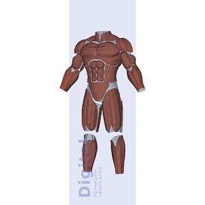 Puede incluir: Un modelo de papel marrón de un torso y extremidades humanos, que representa el sistema muscular. El modelo está segmentado en varias piezas, con detalles en blanco y gris. El texto "Digital Pepakura Templates" es visible.