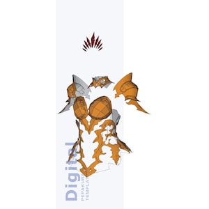 May include: Digital Pepakura template of a fantasy armor set in orange and gray. The armor includes a chest piece, shoulder guards, and helmet components. The word "Digital" is printed vertically on the left side of the image.