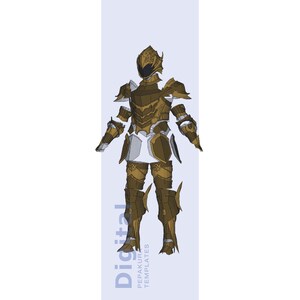 Puede incluir: Plantillas digitales de Pepakura para una armadura completa. La armadura es un diseño detallado en tonos dorados y marrones, con casco, pecho, hombros, brazos y piernas. El texto "Digital Pepakura Templates" es visible.