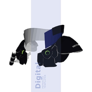 May include: A 3D-rendered black and grey robotic arm with a blue accent. The arm has a segmented design with green circular details. The text "Digital" and "PEPAKURA TEMPLATES" is visible on a light blue background.