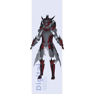 May include: A full-body illustration of a suit of armour in shades of grey and red. The armour has a spiky helmet and accents, with the text "Digital Pepakura Templates" in the lower left corner.