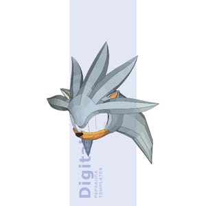 May include: A low-poly 3D digital model of a character head with silver, spiky hair, a tan muzzle, and a small black nose. The design features sharp, geometric facets and includes the vertical text Digital Pepakura Templates on the side.