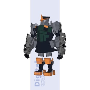 Puede incluir: Plantilla digital Pepakura de un personaje robot. El robot tiene un cuerpo gris con detalles en naranja y verde oscuro. El robot lleva una falda azul oscuro y un sombrero con una estrella naranja.