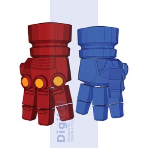 Puede incluir: Un par de guantes robóticos modelados en 3D, uno rojo y otro azul, con un diseño geométrico. El guante rojo presenta tres acentos circulares naranjas. Los guantes están sobre un fondo blanco con una franja azul vertical.