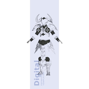 Puede incluir: Ilustración digital de un conjunto de armadura de fantasía, con un casco con cuernos curvos, hombreras, peto y protectores de piernas. La armadura tiene un diseño detallado con detalles circulares y una falda segmentada. El texto "Digital" y "PEPAKURA TEMPLATES" es visible.