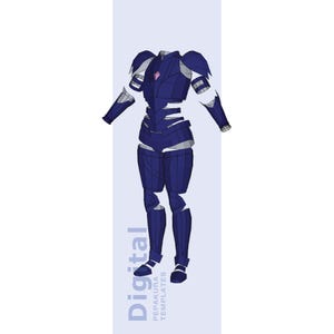 Könnte beinhalten: Eine digitale Illustration eines blau-silbernen Anzugs, mit einem rosa Edelstein auf der Brust. Der Text "Digital Pepakura Templates" ist vertikal auf hellblauem Hintergrund gedruckt.