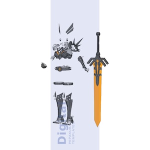 Puede incluir: Ilustración de un robot o meca desmontado, con varios componentes dispuestos. También hay una espada larga con una hoja naranja y una empuñadura negra. Las palabras "Digi" y "PEPAKURA TEMPLATE" están impresas en la imagen.