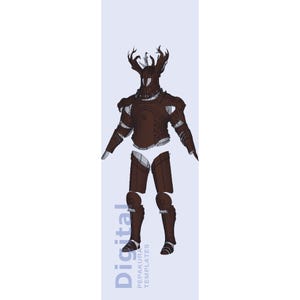 May include: A brown and white digital illustration of a full suit of armor. The armor features a helmet with antlers, shoulder pads, and leg guards. The text "Digital Pepakura Templates" is printed vertically on the left side.