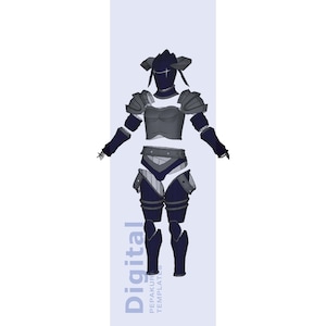 Puede incluir: Una plantilla digital para una armadura de color azul oscuro y gris, que incluye un casco con cuernos, una coraza, hombreras, brazales, un cinturón, placas para los muslos y grebas. El texto Digital Pepakura Templates es visible.