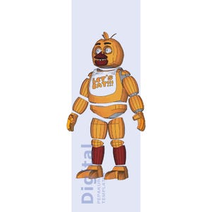 Puede incluir: Modelo digital de papel de Chica de Five Nights at Freddy's. El personaje es principalmente naranja con un babero blanco que dice "LET'S EAT!!!". El modelo tiene un diseño de dibujos animados con extremidades segmentadas y un pico.