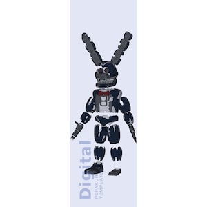 May include: A digital template of a dark blue, weathered rabbit character with long segmented ears, a red bowtie, and exposed mechanical teeth. The figure is depicted in separate, detached body parts arranged vertically. The text Digital PEPAKURA TEMPLATES is visible in the lower left corner.