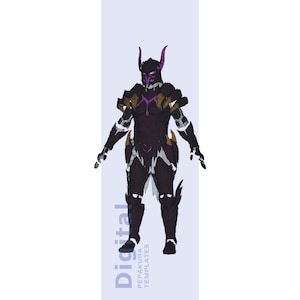 Puede incluir: Ilustración de cuerpo completo de una armadura de color púrpura oscuro y negro con detalles dorados y blancos. El casco tiene cuernos morados. El texto "Digital Pepakura Templates" está impreso verticalmente a la izquierda.