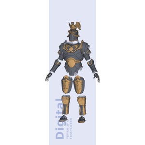 Puede incluir: Plantilla digital de una armadura, con casco, peto, protectores de brazos y piernas. La armadura es principalmente gris con detalles dorados. La palabra "Digital" y "Pepakura Templates" están impresas verticalmente.