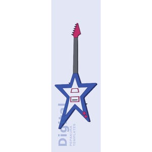 Puede incluir: Una guitarra eléctrica azul en forma de estrella con mástil gris y clavijero rosa. La guitarra tiene un diseño rectangular en el cuerpo y tres puntos rosas. El texto "Digital" y "Pepakura Templates" es visible.