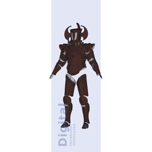 May include: Brown and white digital template of a full suit of armor. The armor has a helmet with horns, shoulder pads, and leg guards. The text "Digital" and "PEPAKURA TEMPLATES" is printed vertically on the left side.
