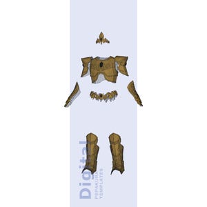 Puede incluir: Un conjunto de armadura segmentada de color dorado, que incluye un peto, protectores de hombros, protectores de brazos, protectores de piernas, un cinturón y una corona. La armadura está diseñada con detalles intrincados y se muestra sobre un fondo azul claro. La palabra "Digital" es visible.