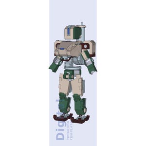 Könnte beinhalten: Ein digitales 3D-Modell eines humanoiden Roboters mit blockartigem Design in einer Farbpalette aus gedecktem Grün, Beige und Dunkelbraun. Der Roboter hat einen rechteckigen Kopf, einen breiten Rumpf, bewegliche Gliedmaßen und flache, breite Füße.