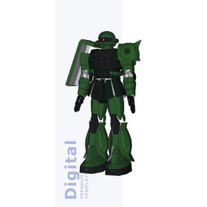 May include: A digital illustration of a green and black robot with a shield. The robot has a helmet with a red eye and is standing upright. The word "Digital" is printed vertically in blue letters.