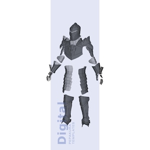 May include: A digital template of a suit of armour, rendered in shades of grey. The armour is segmented into various pieces, including a helmet, chest plate, shoulder guards, arm and leg pieces, and gauntlets. The word "Digital" and "Pepakura Templates" are printed on the side.