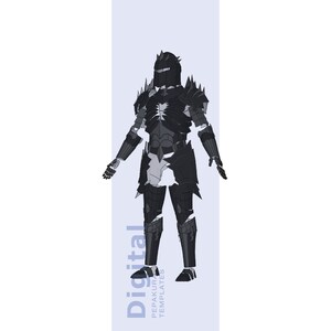 Puede incluir: Plantillas digitales de Pepakura de una armadura de caballero negro. La armadura presenta un casco, púas en los hombros y un revestimiento detallado. El diseño está representado en tonos grises y negros, con el texto "Digital Pepakura Templates" en el lateral.