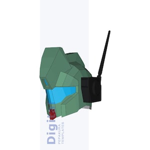 Pu&ograve; includere: Una testa di robot geometrica verde con una visiera blu e un'antenna nera. La testa ha un design angolare e dettagliato. L'immagine include anche il testo "Digi" e "PEPAKURA TEMPLATES".
