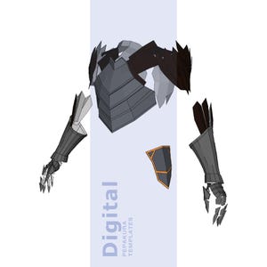 May include: Digital Pepakura templates for armor. The image shows a 3D model of armor pieces in shades of gray and black, with orange accents. The text "Digital" and "Pepakura Templates" is visible on a light blue background.