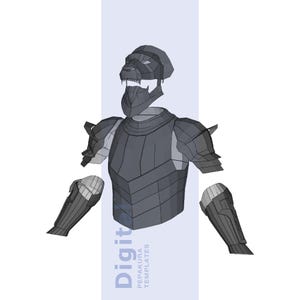 Puede incluir: Un conjunto de armadura gris, similar al papel, que incluye un casco con cara de león, peto, hombreras y protectores de brazos. La armadura está diseñada con formas geométricas y se muestra sobre un fondo azul claro. El texto "Digital Pepakura Templates" es visible.