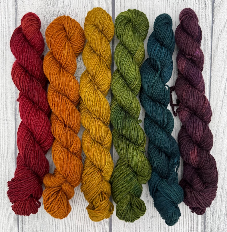 May include: Six twisted skeins of yarn arranged side by side in a gradient of colors. The colors from left to right are deep red, bright orange, golden yellow, olive green, dark teal, and a rich plum purple, all featuring a twisted texture.