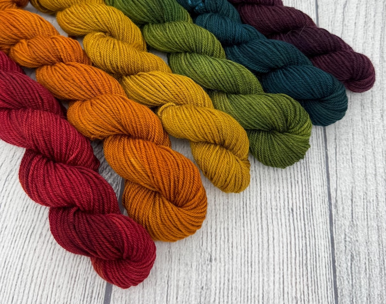 May include: A collection of five twisted skeins of yarn arranged in a diagonal row. The colors include deep red, vibrant orange, golden yellow, olive green, dark teal, and a deep plum purple, all featuring a consistent, tightly spun texture.