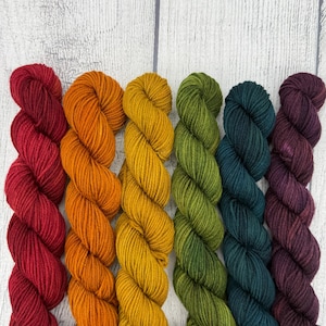 May include: Six skeins of yarn arranged in a row, featuring a color palette of deep red, vibrant orange, golden yellow, olive green, dark teal, and rich plum. Each skein is tightly twisted, showcasing a consistent, smooth, and uniform fiber texture.