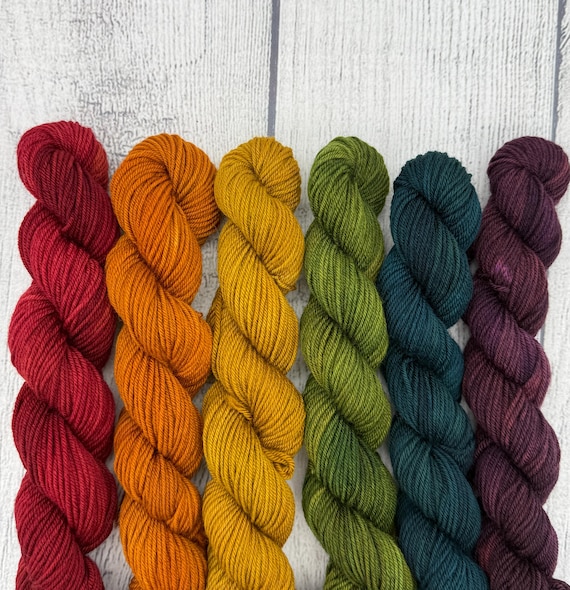 Hand Dyed Merino Mini Skein Set Yarn - "Weathered Spectrum", Fingering or DK Weight, Non-Superwash, Indie Dyed Knitting Crochet Yarn