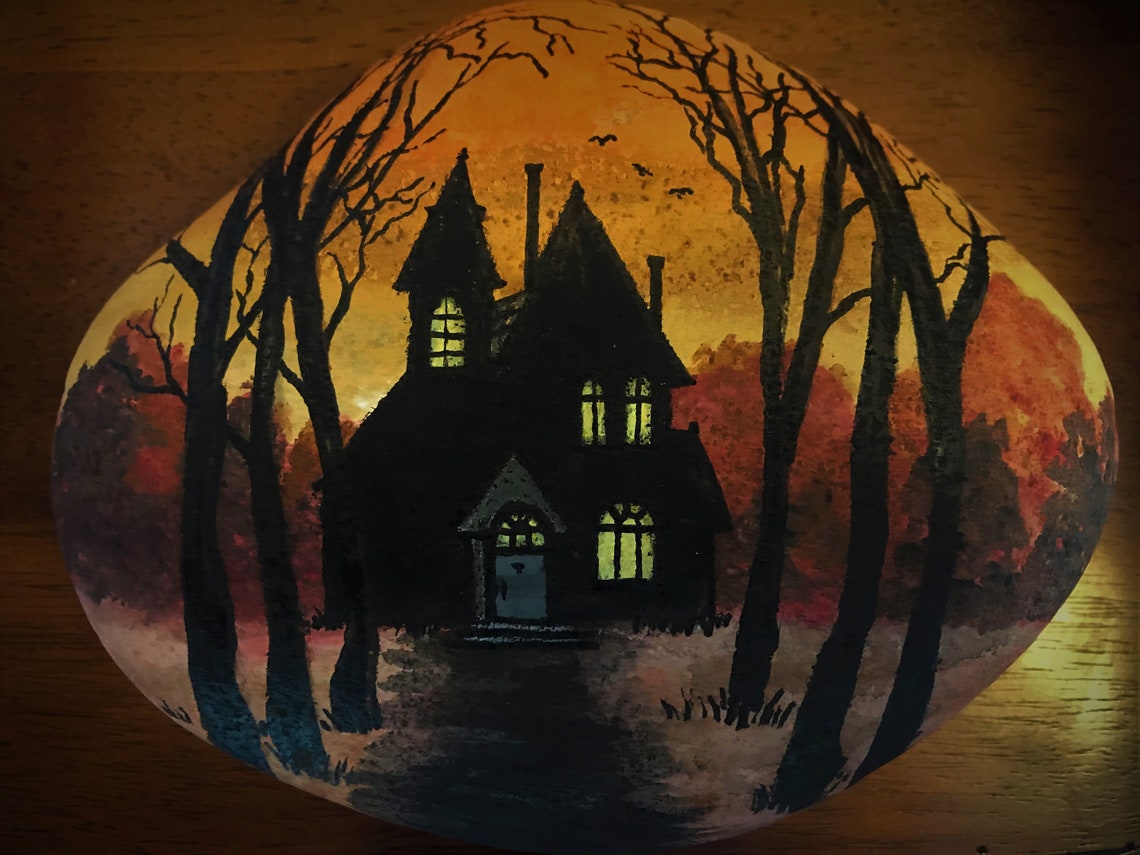 Spooky Halloween Haunted House Rock Painting Acrylic Rock Etsy