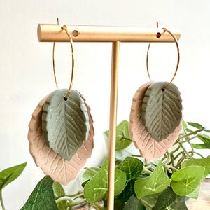 Polymer clay leaf hoop earrings Handmade botanical jewelry Affordable accessories for women Hypoallergenic gold plated Gift for her
