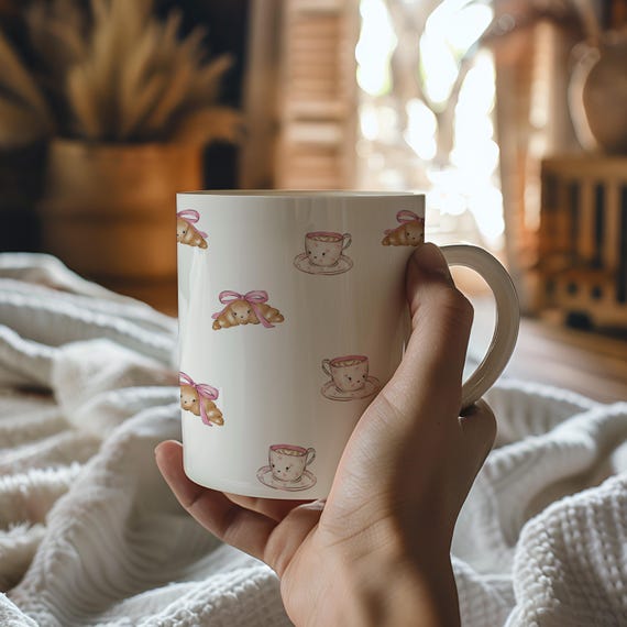 Kawaii Croissant and Cute Coffee Cup With Pink Bow – Watercolour Food Art – Pastel Aesthetic Mug – French Bakery Gift – Cute Breakfast Cup