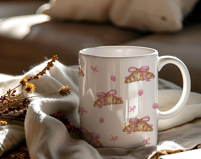 Soft Pink Bow & Croissant Mug | Coquette Aesthetic Mug | Girly Coffee Cup | Balletcore Pastel Mug | Feminine Gift for Her