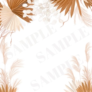 May include: A white background with a border of dried pampas grass and palm leaves. The text "SAMPLE" is repeated three times in a light gray font.