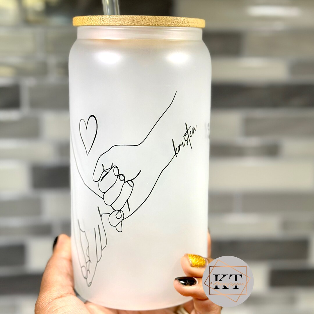 Personalized 16oz Glass Can Cup, 16oz Frosted Glass Cup, Holding Hands ...