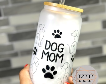 Tasse de canette en verre de 16 oz, tasse en verre givré de 16 oz, tasse de maman de chien, tasse de contour de chien, gobelet avec couvercle, tasse d’impression de patte, tasse pour les propriétaires d’animaux de compagnie