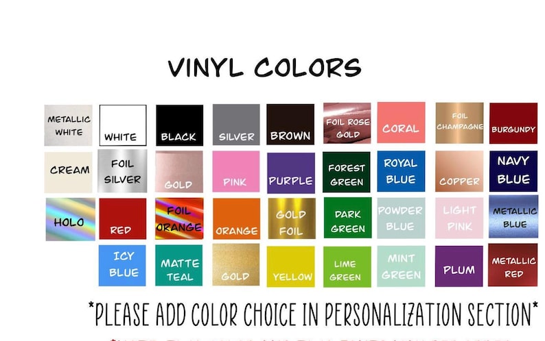 Peut inclure: Un nuancier de couleurs de vinyle, comprenant blanc m&eacute;tallis&eacute;, noir, argent, marron, or, rose, violet, rouge, orange et diverses nuances de vert et de bleu. Le texte indique "COULEURS VINYLE" et "VEUILLEZ AJOUTER LE CHOIX DE COULEUR DANS LA SECTION PERSONNALISATION."