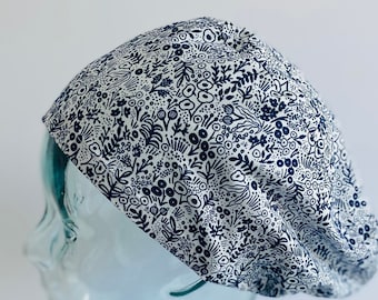 Rifle Paper Tapestry Lace Navy Print European Style Scrub Cap, Buttons and Satin Lining are optional Add Ons