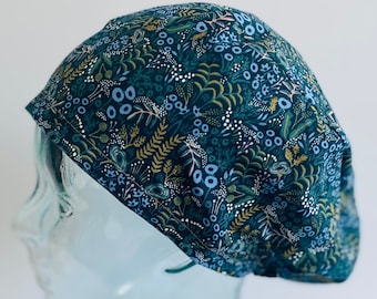 Rifle Paper Menagerie Tapestry Gold on Navy European Style Scrub Cap, Buttons and Satin Lining are optional Add Ons
