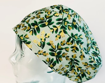 Rifle Paper Co Mistletoe Mint Metallic European Style Adjustable Scrub Cap, Satin Lining Optional, Ponytail Style Optional, Buttons Optional