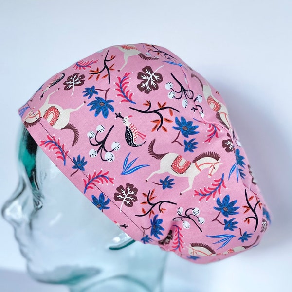 Rifle Paper Les Fleurs Carousel on Pink Euro Style Adjustable Scrub Cap or Ponytail Style Cap,Satin Lining and Buttons Optional